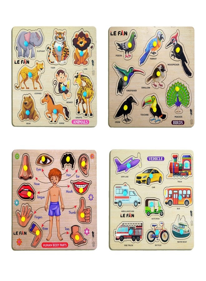 Lefan® Kids Fort Pre Nursery Educational Jigsaw Puzzles for Adults Kids Learning Toys Kit Board Game 4 pcs Set of Birds Animals, Human Body Parts & Vehicle Educational Toy - Image 1